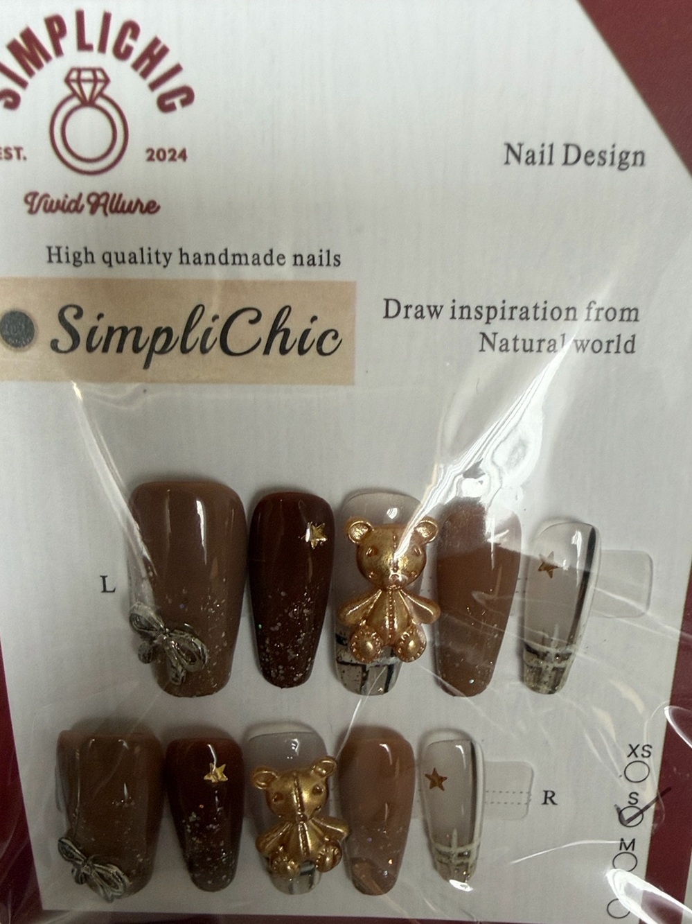 Custom Made Press-On Nails Brown with Gold Bear Accents NWT